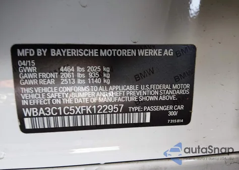 2015 BMW 328I from USA, damaged, VIN WBA3C1C5XFK122957